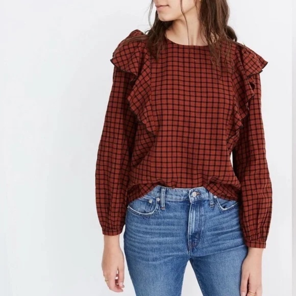 MADEWELL Ruffle-Front Top in Plaid in L / orange & Black - Picture 1 of 7